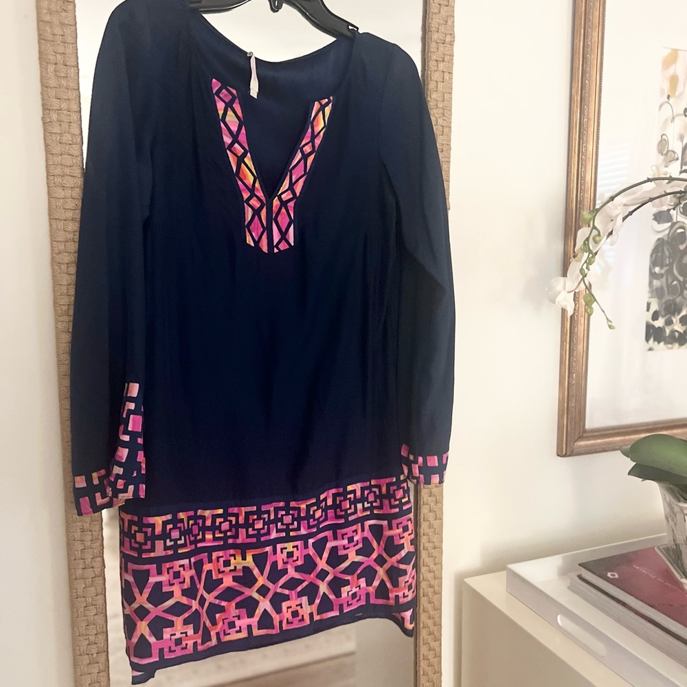 Navy Dress with Pink Geometric Accents